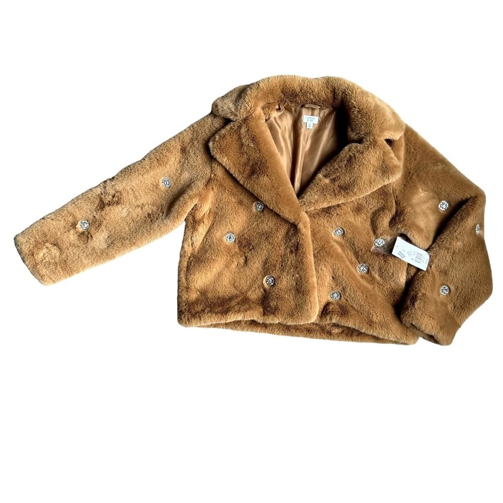 Crown & Ivy Faux Fur Teddy Bear Jacket Tan NEW XL Rhinestones Mobwife SOFT Boxy - Picture 2 of 9